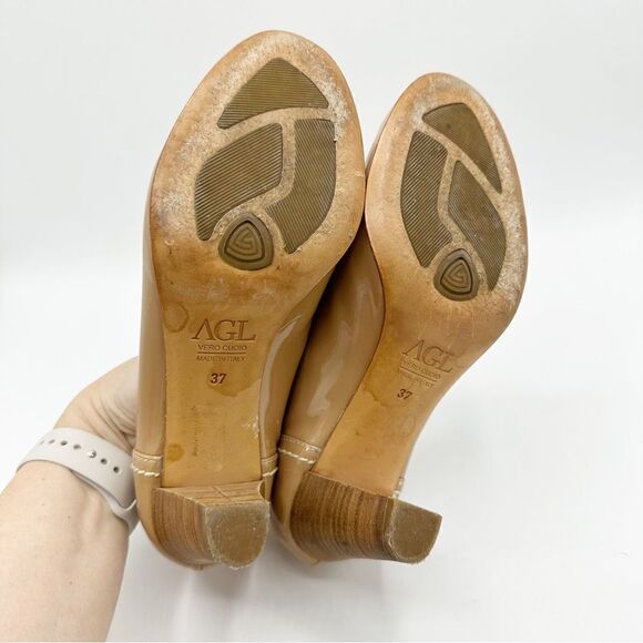 AGL Nude Patent Leather Flex Heels w/Cream Topstitching Sz 37 EU/6.5-7 US - Picture 10 of 14